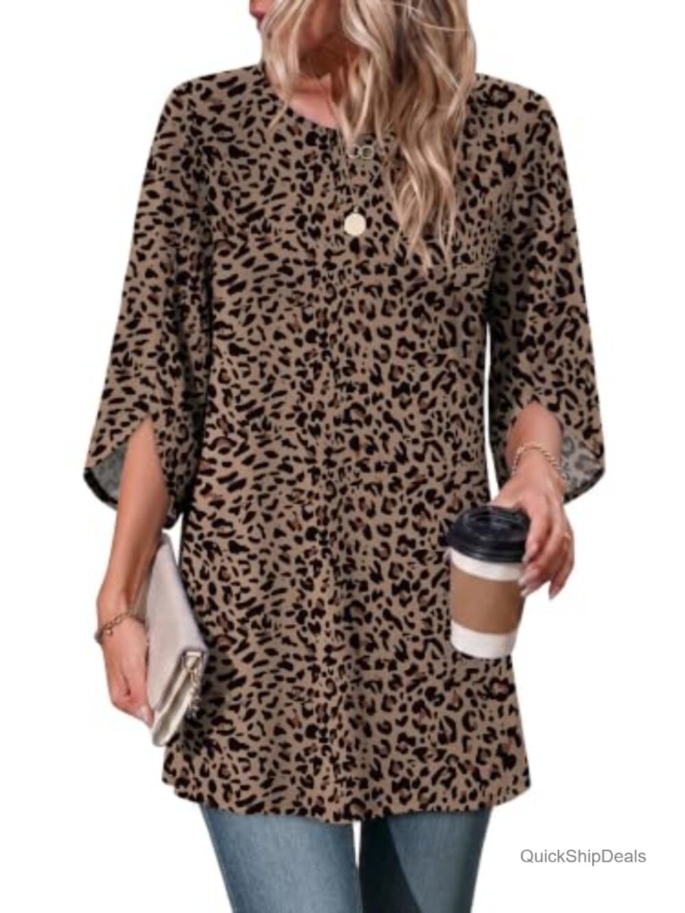 Womens Tunic Top 3/4 Sleeve Boho Blouse Flowy Split Sleeve Curved Hem
